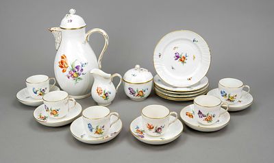 Coffee service for 6 people, 21 pieces, KPM Berlin, marks 1945-62, 1st choice, red Reichsapfel 