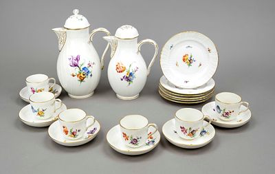 Coffee partial service for 6 people, 20 pieces, KPM Berlin, marks 1945-62, 1st choice, red 