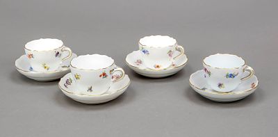 Four mocha cups with saucers, Meissen, 4x knob swords 1850-1924, 4x marks after 1934, 1st and 