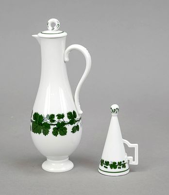 Candle snuffer and jug, Meissen, marks after 1934, 1st and 2nd choice, vine leaf decoration in 