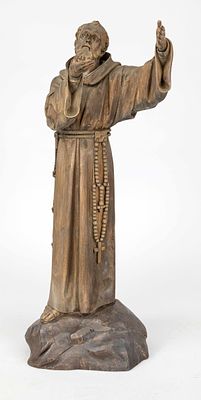 19th century holy figure, Francis of Assisi preaching, dark stained, fully sculpted wooden 