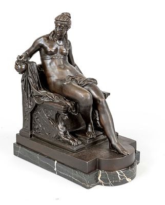Hermann Volz (1847-1941), Cleopatra enthroned with snake, patinated cast metal on marble plinth 