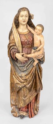 19th century sculptor, large Madonna in Gothic style, carved wood and polychrome, hollowed out 