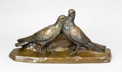 Giuseppe d'Aste (1881-1945), two turtledoves, large bronze group, green-brown patina, signed 