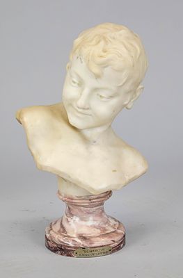 Emile Jespers (1862-1918), ''Scherzo,'' bust of a smiling boy, white marble, signed on the 