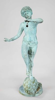 Art Nouveau fountain figure, 20th century, girl with flute on a shell as a gargoyle, greenish 