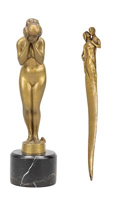 Art Nouveau statuette and letter opener, circa 1910, standing female nude with lizard, solid 
