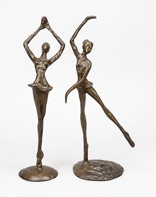 Unknown sculptor, mid-20th century, two stylized ballerinas, patinated bronze, unsigned, height 