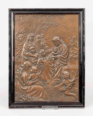 Unknown sculptor, circa 1900, Christ Lets the Children Come to Him, patinated copper sheet 