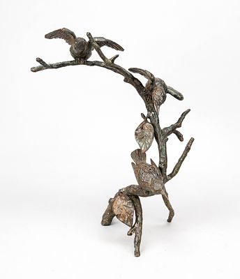 Unknown sculptor of the 20th century, Three Birds on a Branch, patinated bronze, indistinctly 