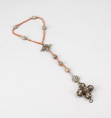 Rosary, Schw&auml;bisch Gm&uuml;nd 18th/19th century, silver, coral (?) and enamel. Openwork cross 