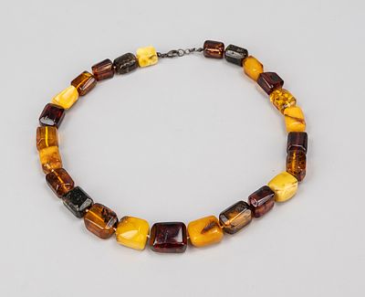Amber necklace, 20th century, rectangular cut amber elements, various colors from honey to 