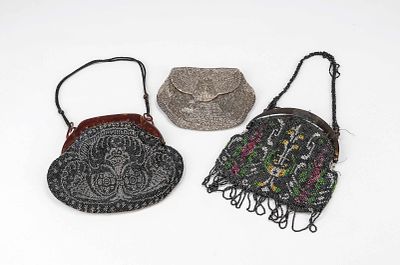 3 evening handbags, 19th/20th century, each with fine glass bead embroidery, 2 with plastic 