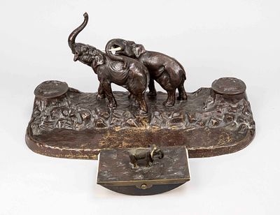 Figurative writing set, 19th century, bronze with patina or colored finish. Terrain plinth 