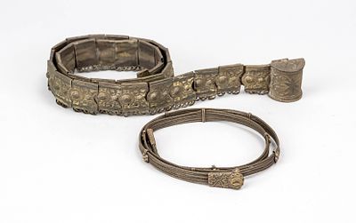2 belts, Indo-Persian region, 19th/20th century, 1 x metal elements (brass?) strung on leather 