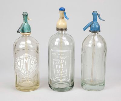 3 soda bottles or siphon bottles, mid/late 20th century, glass with plastic or metal soda 