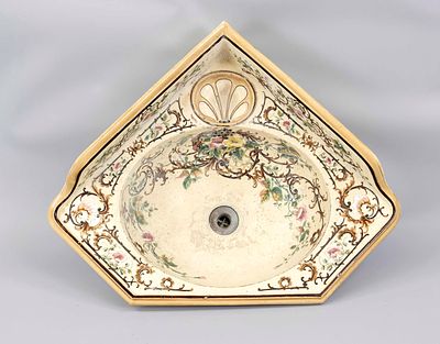Washbasin, France, around 1900. Ceramic with polychrome underglaze decoration, tendrils and 