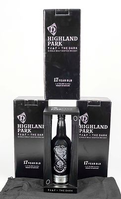 3 bottles of whisky, England 21st century, Highland Park 17 Years The Dark, 700ml, 52.9%. Each 