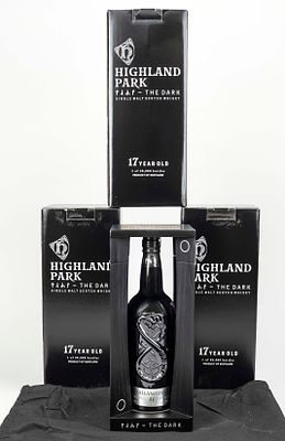 3 bottles of whisky, England 21st century, Highland Park 17 Years The Dark, 700ml, 52.9%. Each 