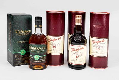 4 bottles of Scotch single malt whisky, England 21st century, 3 x Glenfarclas Highland Single 