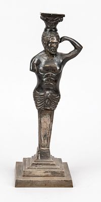 Caryatid candlestick, 19th century, brass/bronze, partially silver-plated or blackened. Square 