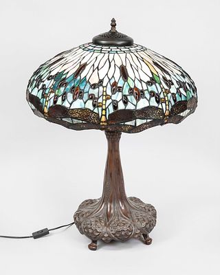 Very large, magnificent Tiffany-style table lamp, 2nd half of the 20th century, cast metal base 
