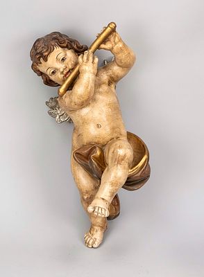 Floating putto, 20th century, plastic (?) polychrome, L. 47 cm