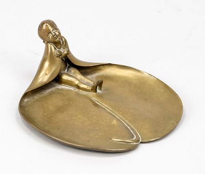 Art Nouveau business card holder, circa 1900, brass. Water lily leaf with rolled edge 