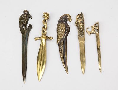 5 animal letter openers, 2nd half of the 19th and 1st half of the 20th century, brass/bronze. 