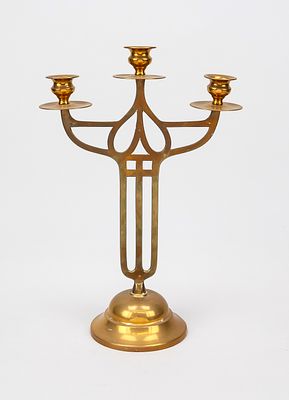 Art Nouveau candlestick, circa 1900, bronze/brass. Openwork shaft, 3-flame, round base weighted 