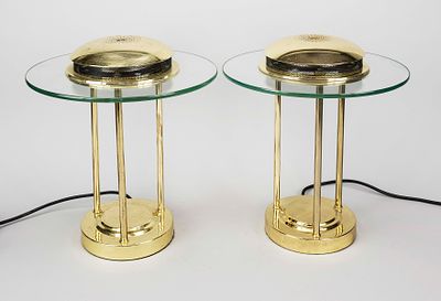 Pair of table lamps, late 20th century, iron with brass finish and glass shade. Halogen bulbs. 
