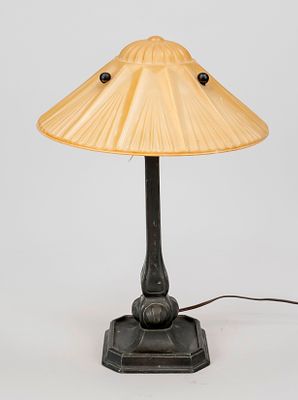 Small table lamp, France, 20th century, base and shaft in bronze-plated cast metal, relief and 