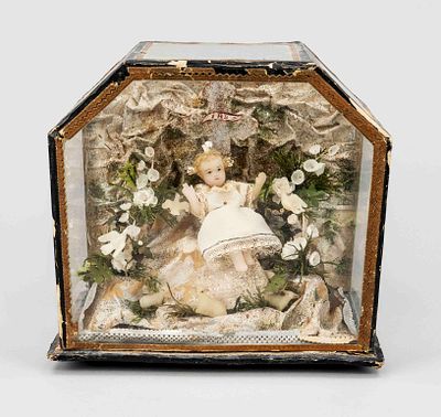 Monastery work diorama, early 20th century, glass case containing wax, paper, artificial 