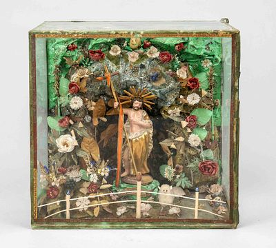 Monastery work diorama, early 20th century, glass case, containing wax, paper, artificial 