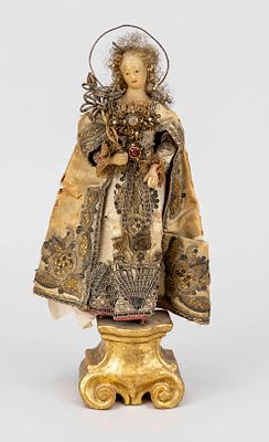 Devotional figure, 19th/20th century, fabric, gold brocade, pearls, gemstones, etc. Statue of 