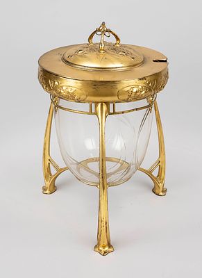 Art Nouveau punch bowl, circa 1910, frame and lid in cast metal, gilded, with floral 
