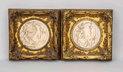 Pair of figurative relief tondos, 19th/20th century, cast marble (?) in wooden frames, 1 x 