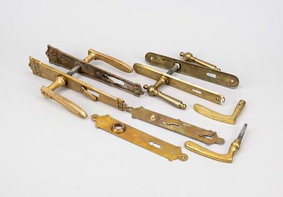 3 handle sets, late 19th/early 20th century, brass. 1 x floral Art Nouveau decoration, 2 x 
