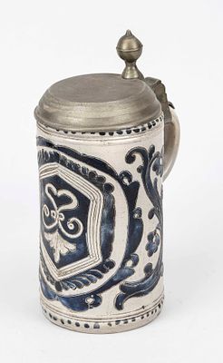 Roller jug with pewter mount, Westerwald 18th century, gray stoneware with salt glaze, blue 