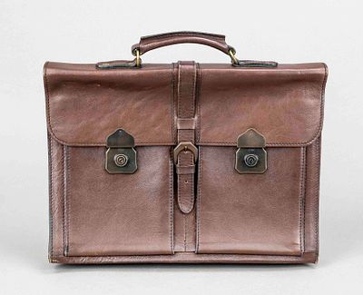 Cheney England, vintage briefcase, finely grained coffee brown leather, bronze-colored 