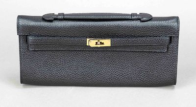 Small document folder or clutch in Kelly To Go style, black coarse-grained leather 