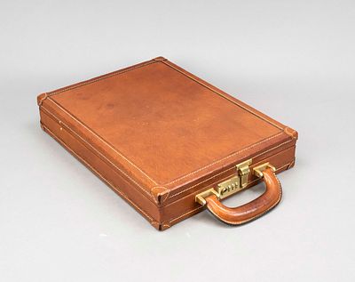 Elegant vintage briefcase, fine cognac-colored leather with light contrasting decorative 