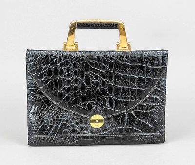 Sudhaus, flat vintage briefcase, black embossed leather in crocodile look, gold-colored 