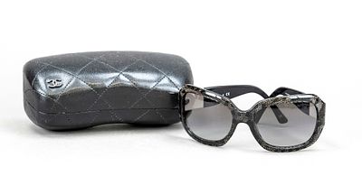 Chanel, sunglasses, black plastic frame with transparent accents and wide temples, gray-tinted 