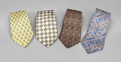 Hermes, four polychrome patterned men's ties made of pure silk, all different, hardly any signs 