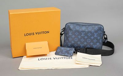 Louis Vuitton, Navy Monogram Shadow Duo Messenger Bag, blue-gray finely grained leather with 