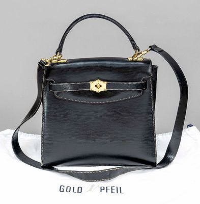 Goldpfeil, vintage handbag in Kelly bag style, black textured leather with light decorative 