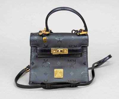 MCM, Black Monogram Visetos Mini Kelly Top Handle Flap Bag, black nylon fabric with heritage 