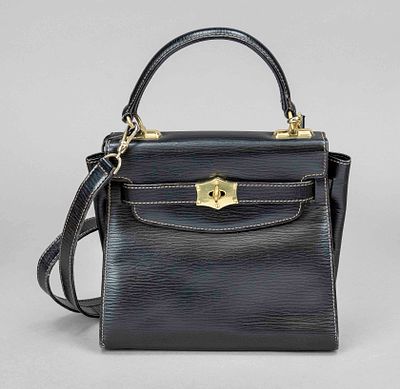 Goldpfeil, vintage Kelly bag-style handbag, black textured leather, gold-colored hardware 