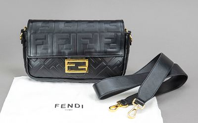 Fendi, Black Leather Baguette Bag, black finely grained leather with embossed logo pattern 